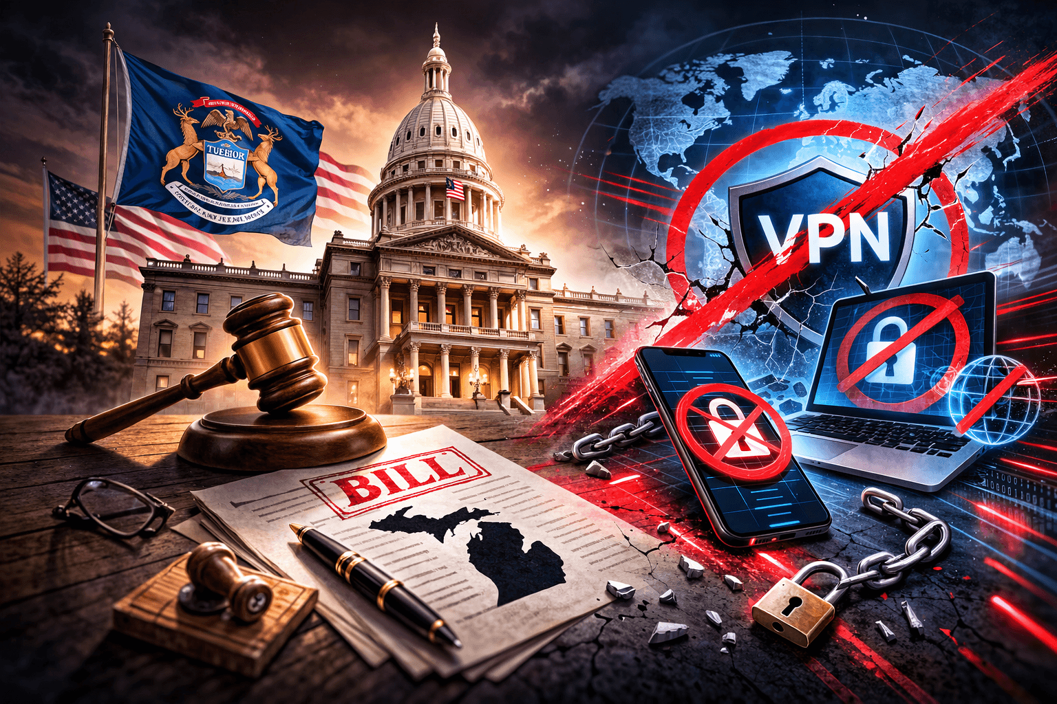 Michigan Capitol with a judge’s gavel and a “Bill” document; a VPN shield is crossed out with a red prohibition mark